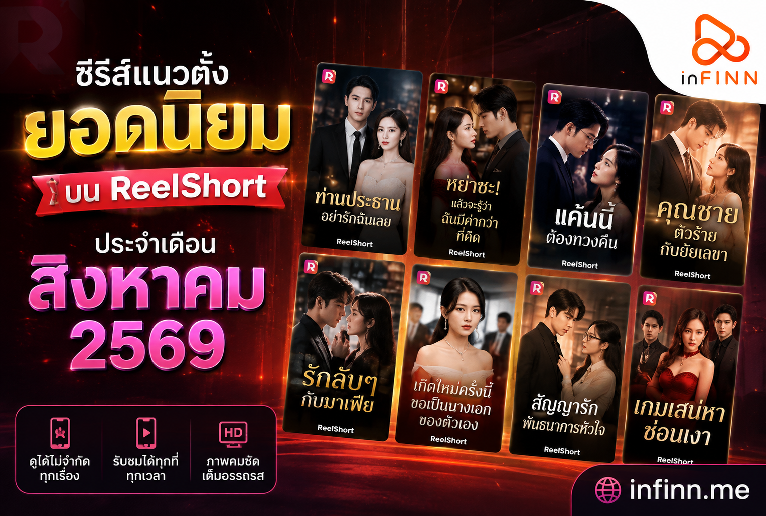 ซีรีส์แนวตั้งยอดนิยมบน ReelShort เดือน สิงหาคม 2569